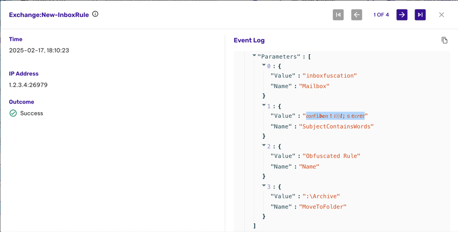 Event log showing obfuscated Exchange inbox rule
