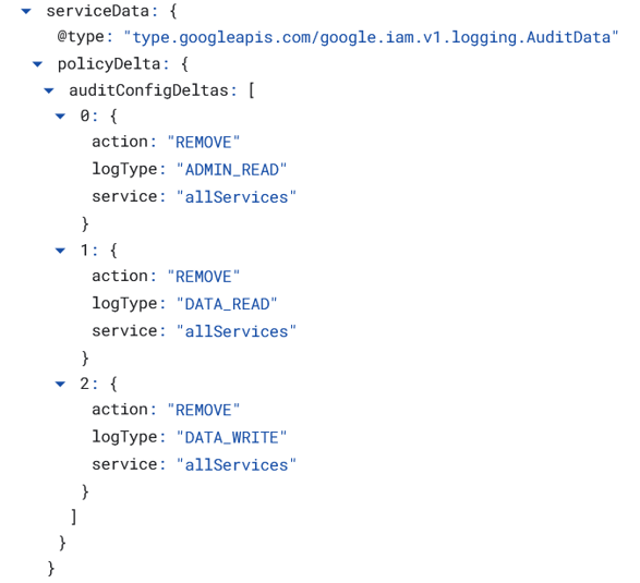 GCP audit log policyDelta removal event